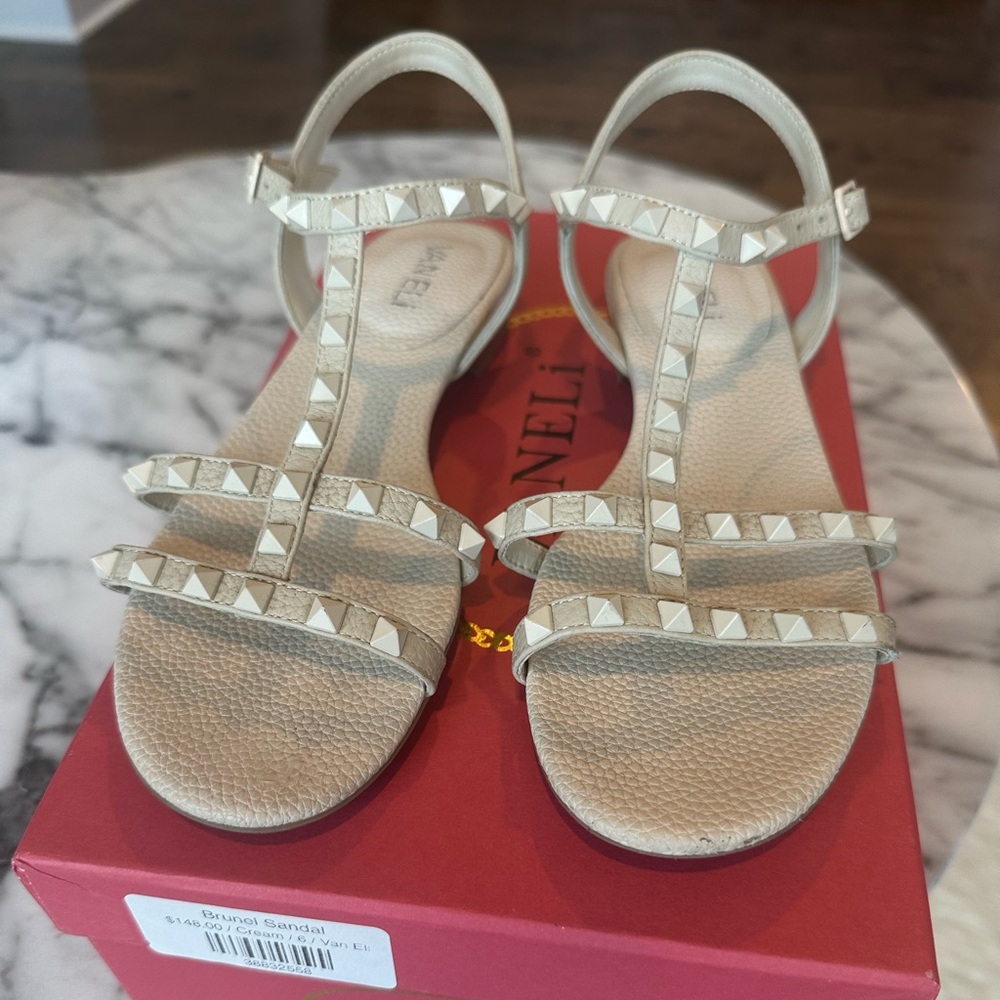 Vaneli Brunai Cream Studded Sandals with T-Strap
